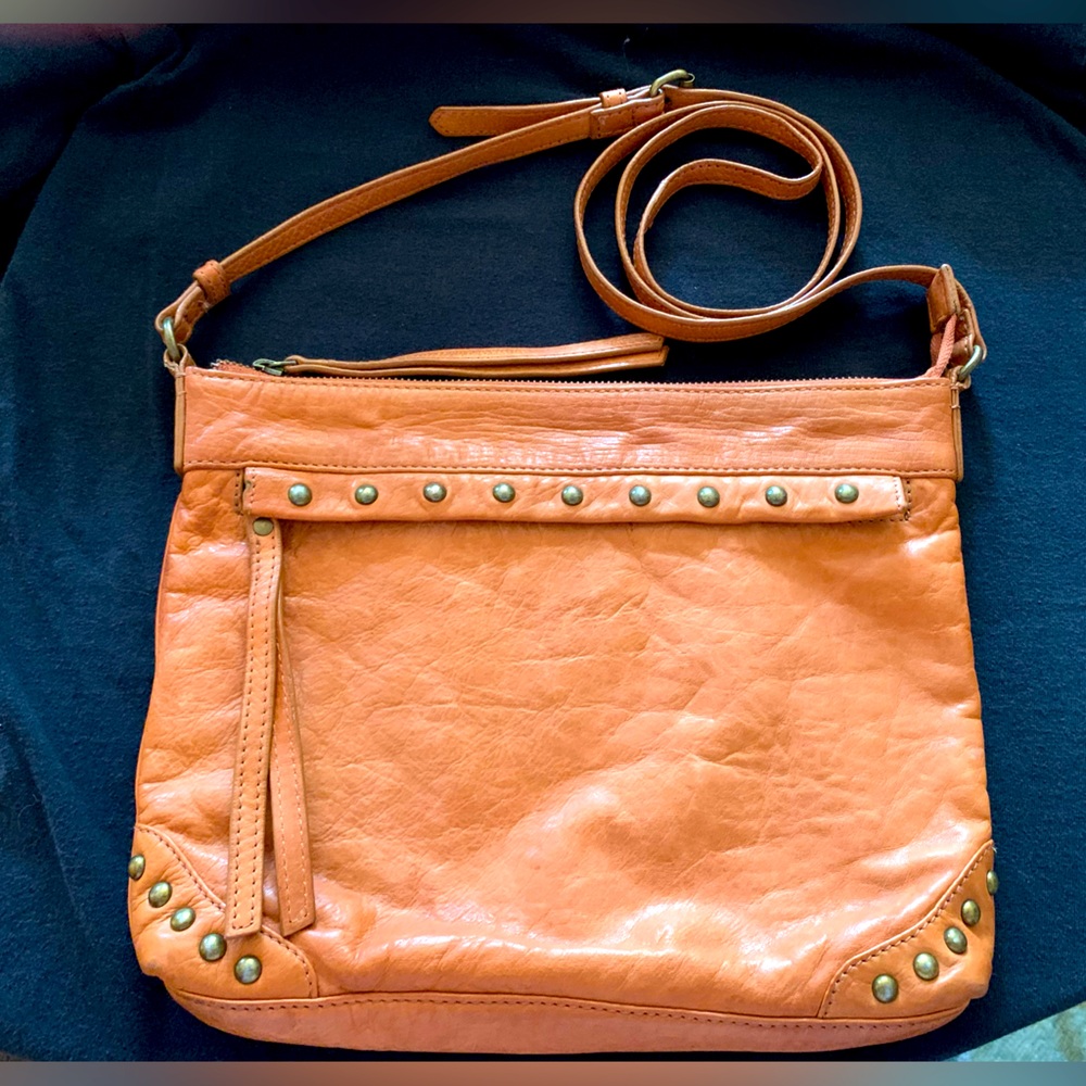 Gorgeous Saddle Frye Leather Brass Studded Crossbody Purse 11x9